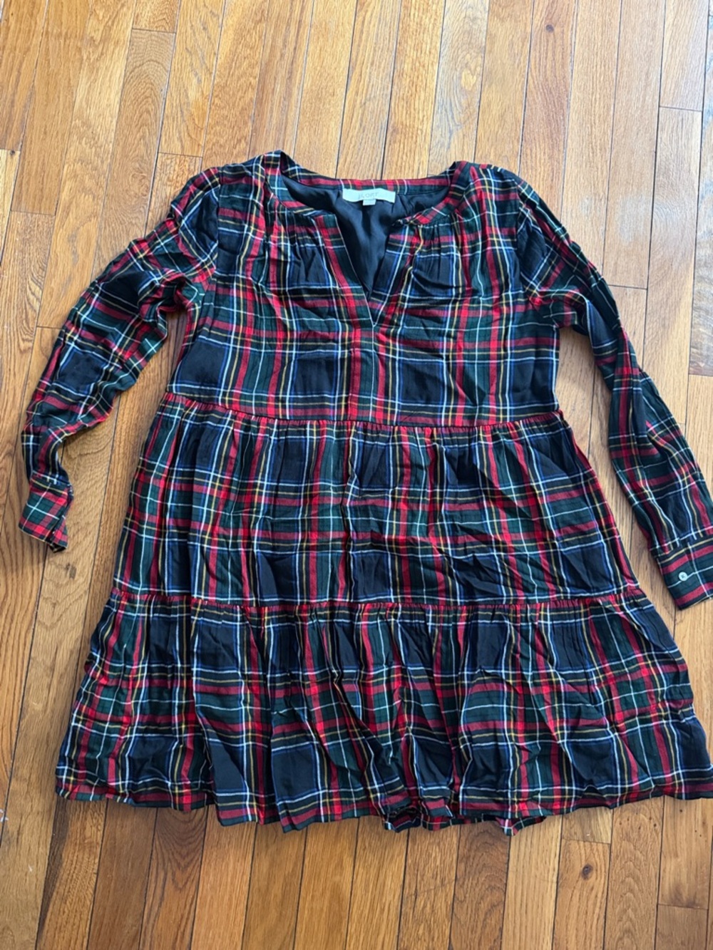 Black & Red Plaid Tiered Long-Sleeve Dress